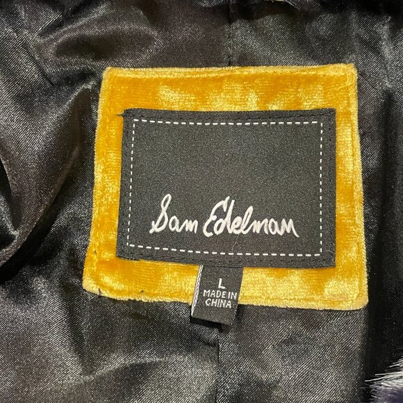 SAM EDELMAN NEW Faux Fur Plaid Long Sleeve Coat Black/Royal/Purple Size L - Picture 8 of 10